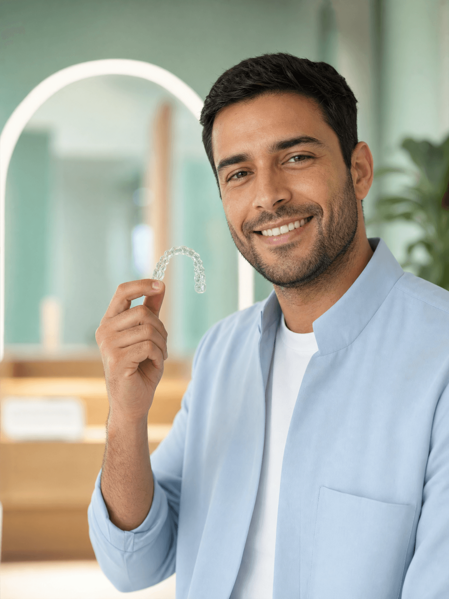 Dentista sorrindo segurando alinhador invisível